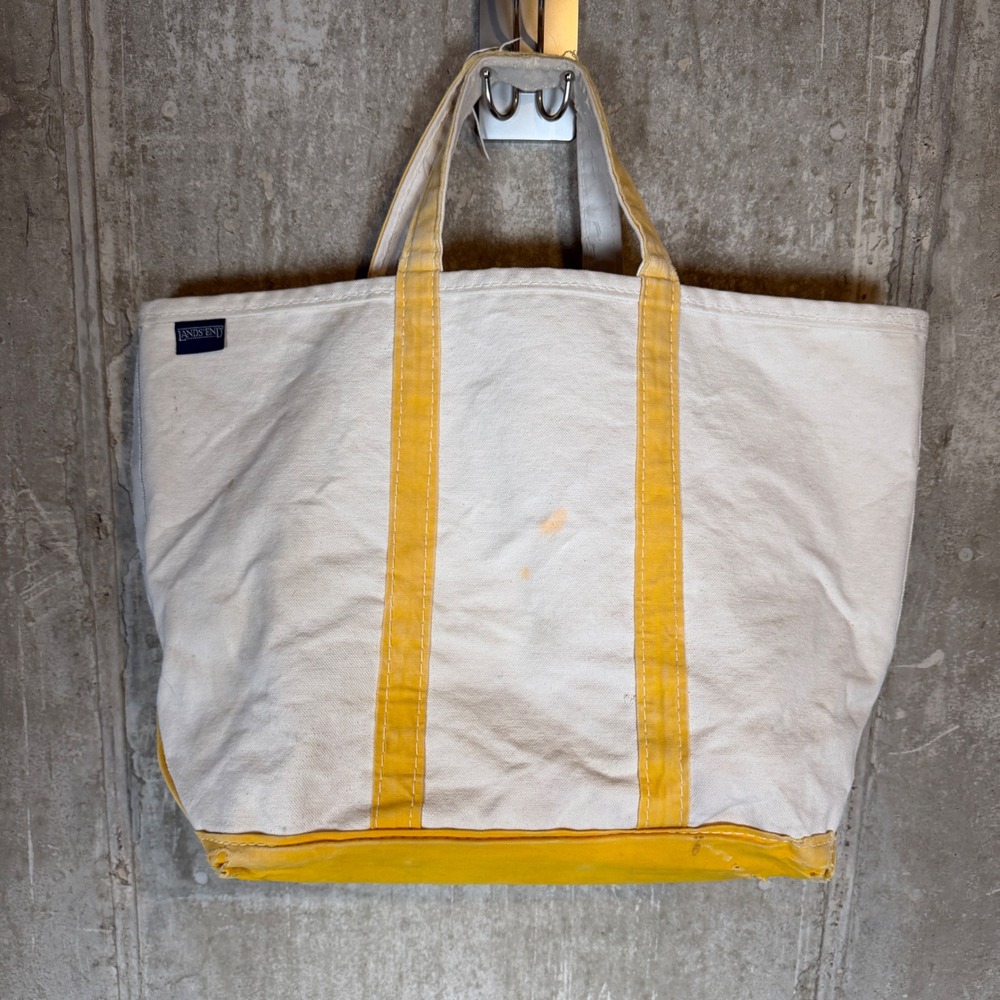 Lands End Canvas Tote Bag White Yellow Trim Large Boat Bag Vintage Style